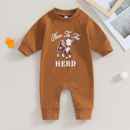 0-12M Newborn Baby Boy Sweatshirt Rompers-Bull Head Letter Print, Long Sleeve Jumpsuit