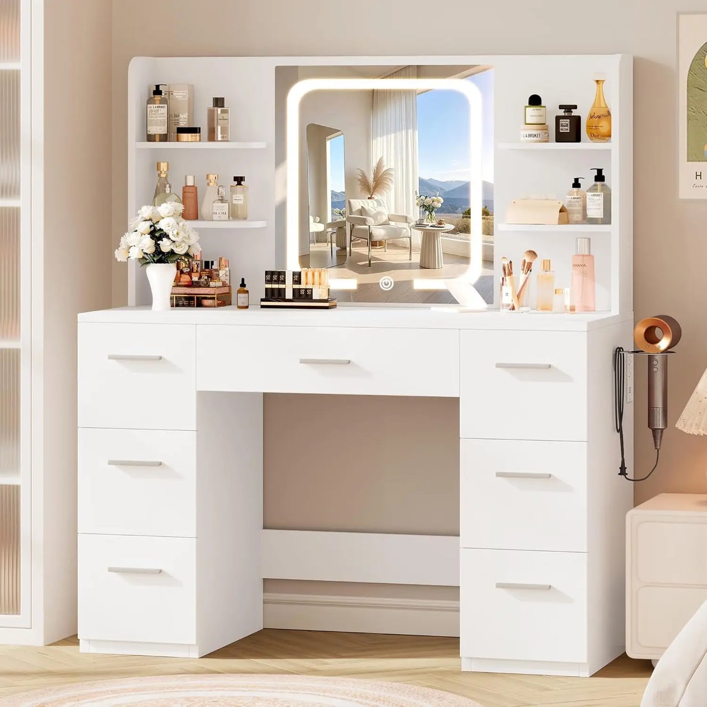 Vanity Desk. Pink, 43.3'Wx15.7'Dx53.2'H (Smart LED Mirror, 4 Open Shelves, 7 Drawers, Hairdryer Rack, Power-Outet)