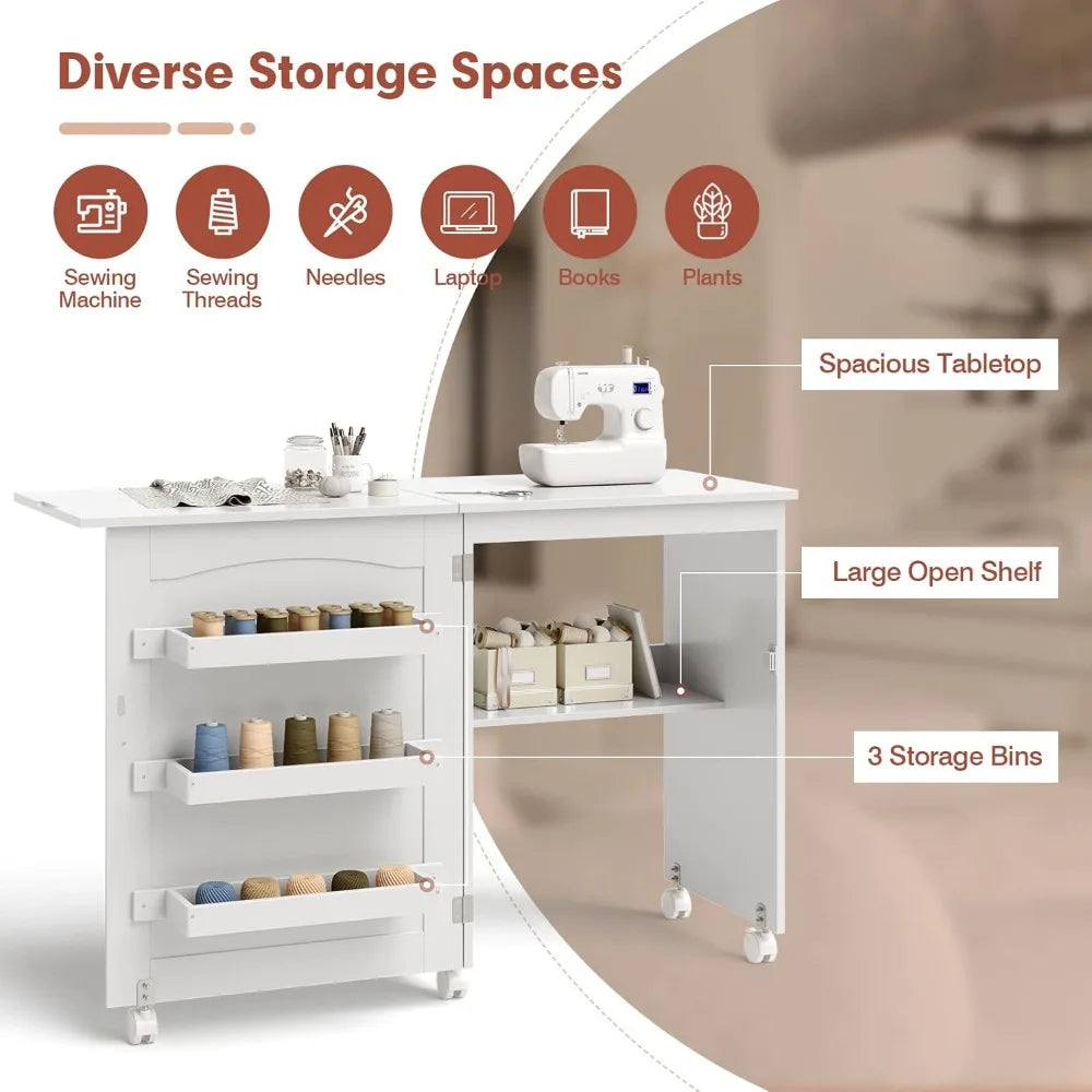Folding Sewing Cabinet with 3 Storage Bins and Shelf, Rolling Craft Station