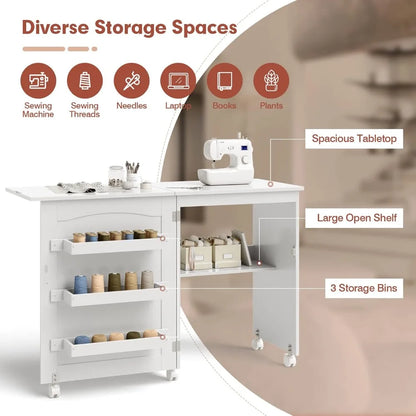 Folding Sewing Cabinet with 3 Storage Bins and Shelf, Rolling Craft Station