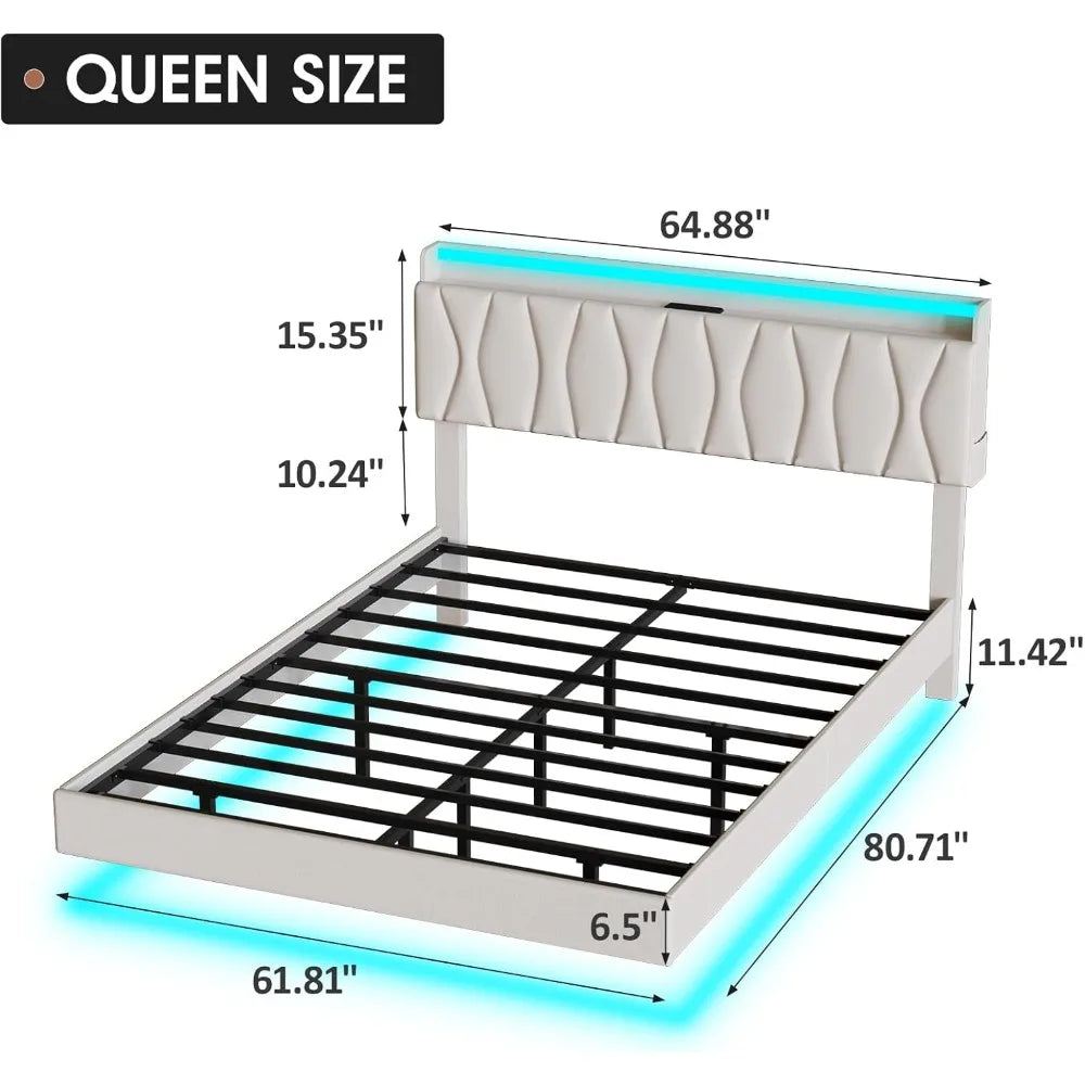 Queen Size Floating Bed Frame with Storage Headboard,  with LED Lights, Charging Station