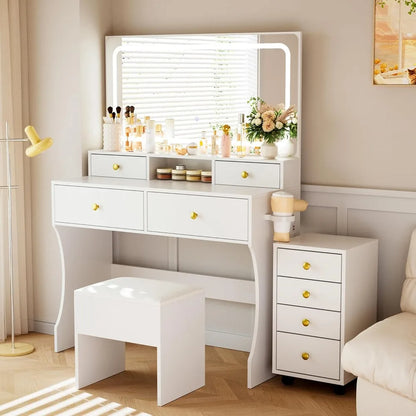 3-Piece Vanity/Desk with Upgraded Silent Slides, Movable Storage Cabinet, Golden Handles, 8 Drawers