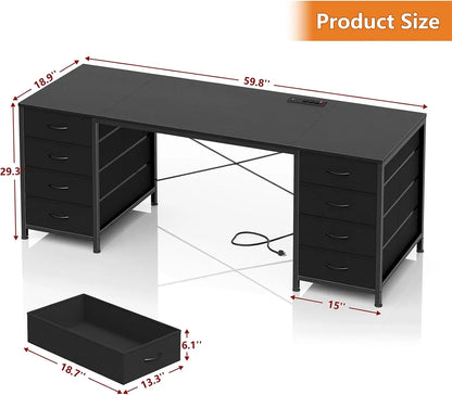 60 Inch Computer Desk with 8 Drawers, Power Outlets