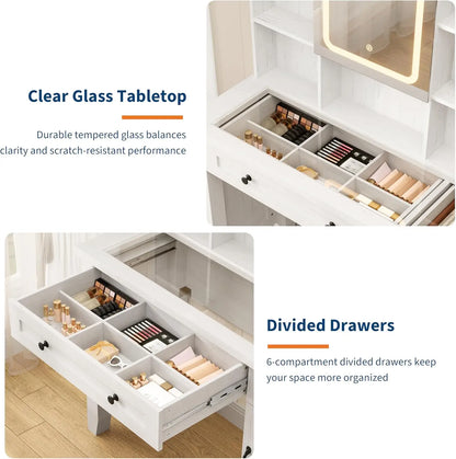Makeup Table Set with Drawers, Upholstered Stool