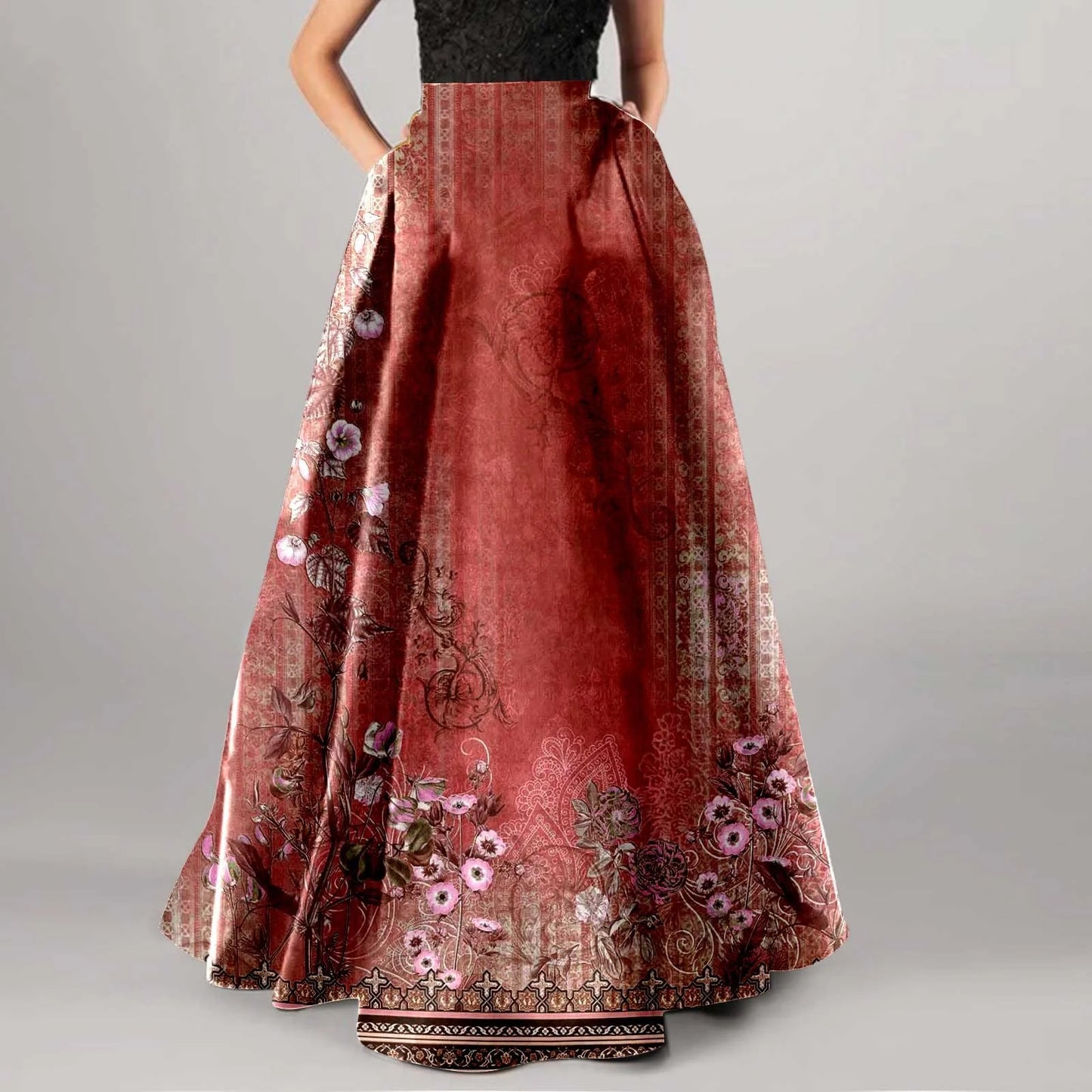 Bohemian Print Long Holiday Floral Skirt, High Waist