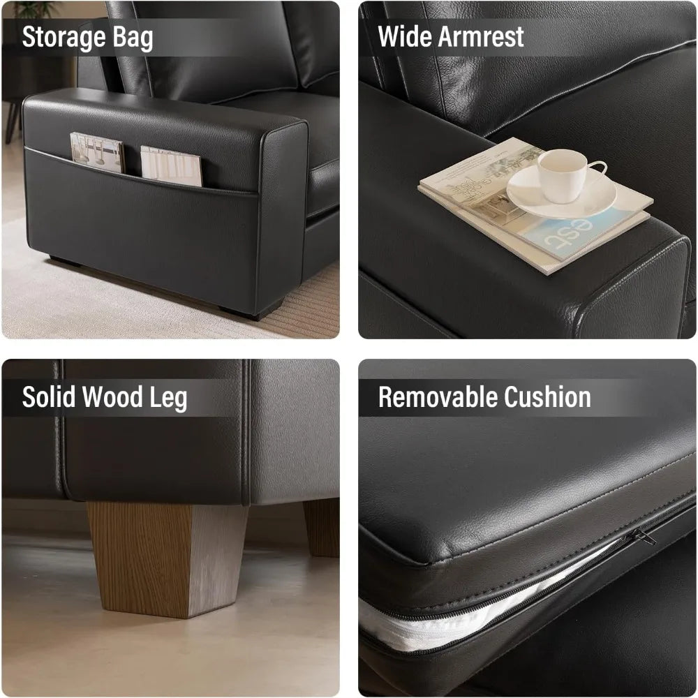 Faux Leather Comfy Loveseat Sofa with Wide Arm, Side Pockets, Solid Wooden Frame