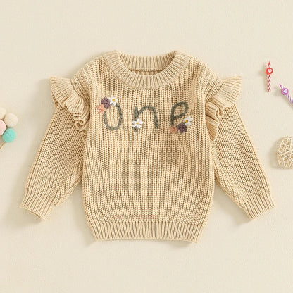 6-18 MO Birthday Sweater, Floral Letter Embroidery, Warm Knitted Pullover