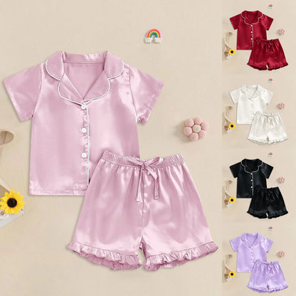 1Y-13Y Silk Pajamas Girl Satin Summer Feather Pajamas Short Sleeve
