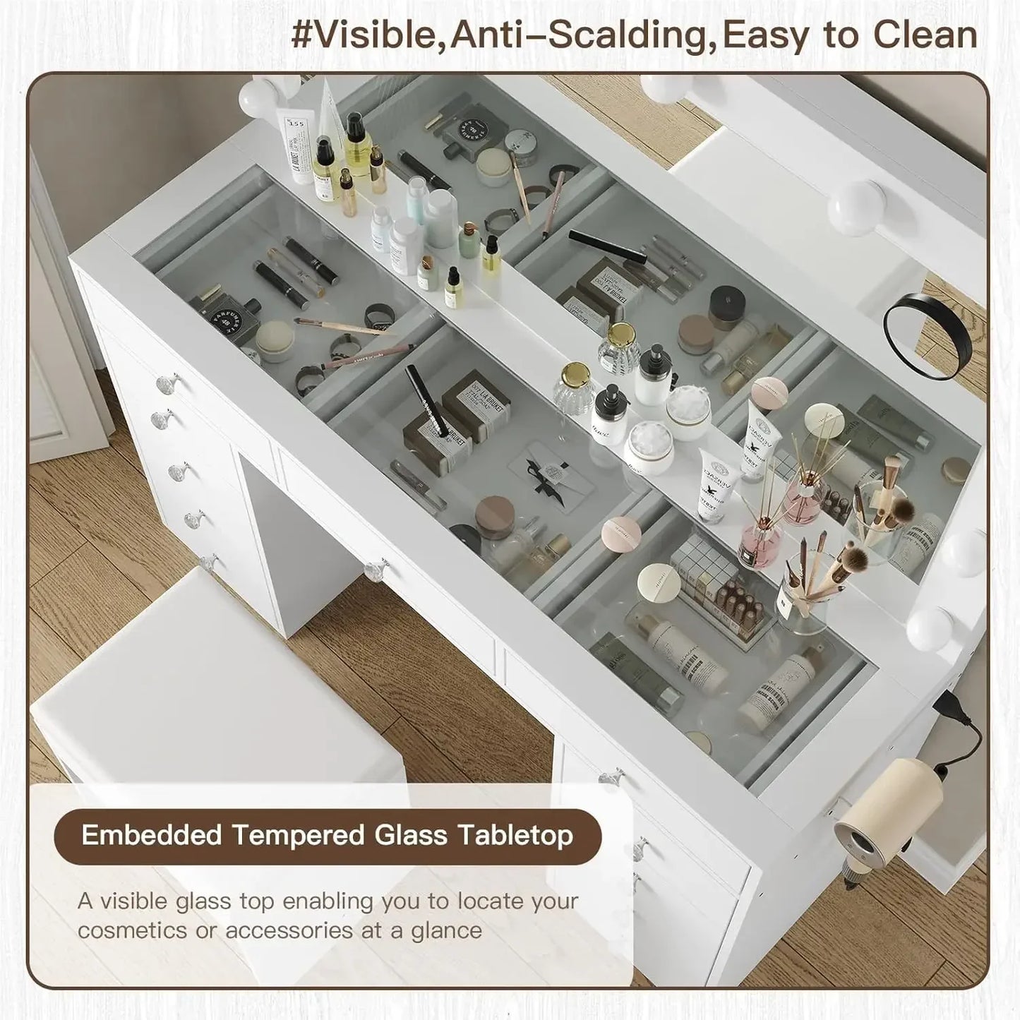 Vanity Desk with Mirror Power Outlet,12 LED Lights, and 11 Drawers