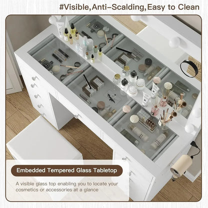 Vanity Desk with Mirror Power Outlet,12 LED Lights, and 11 Drawers
