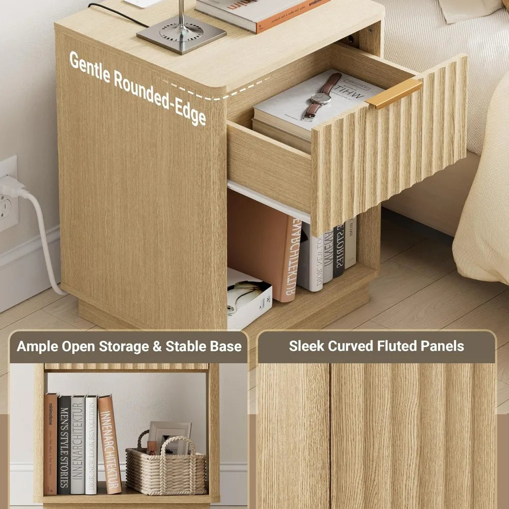 Set of 2 18" Side Tables with Charging Station, Drawer & Open Shelf