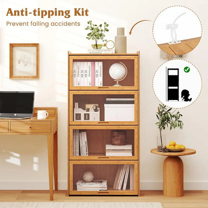 4-Tier 55" Bamboo Bookshelf with Flip-up Acrylic Doors