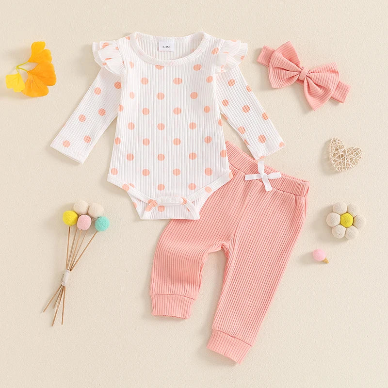 0-18M Baby Girls Fall Outfit, Long Sleeve Dots Print Romper with Pants and Bowknot Headband Clothing Set