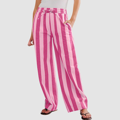 Women Casual Baggy Trousers, Striped Color Blocking, High Waist, Wide Leg, Pockets
