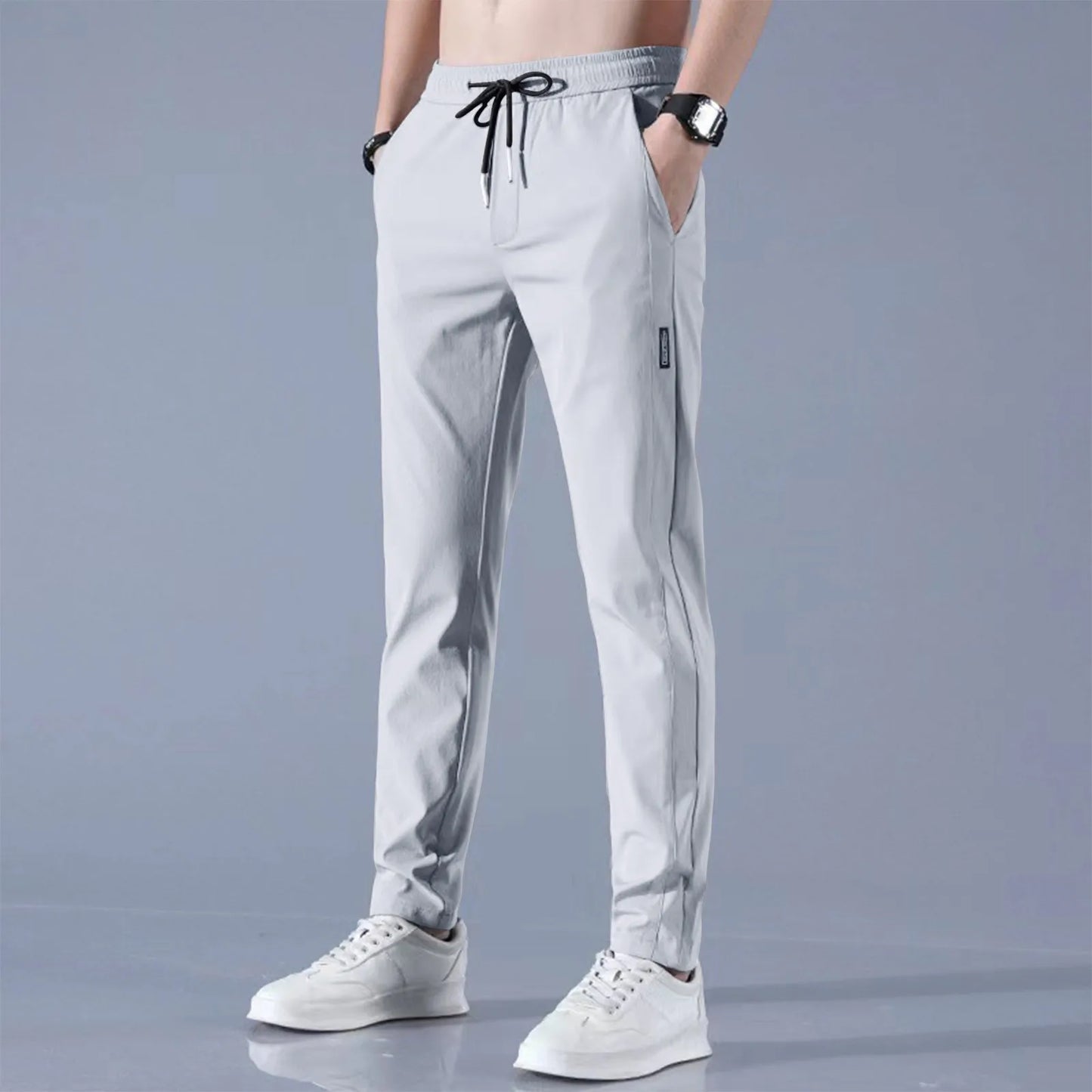 Men Fast Dry Stretch Pants, Ice Silk Trousers, Solid Color, Mid-Waist