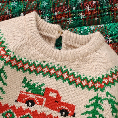 9 MO-3T Boy Christmas Sweater, Round Neck, Truck Print Knit Pullover