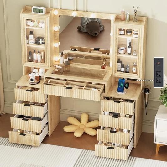 55" Vanity with Large Mirror and Lights, Modern Glass Top with 9 Drawers & Open Storage