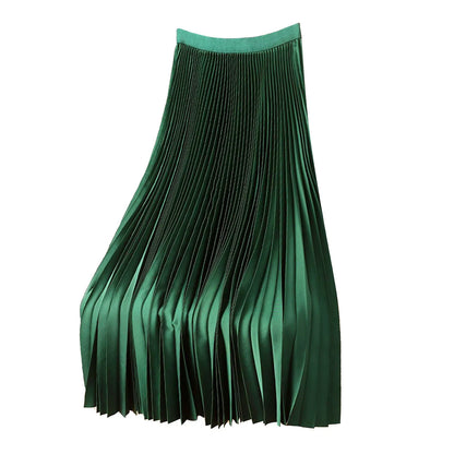 Elegant A Line Satin Long Skirt, Elastic High Waist, Pleated Skirt