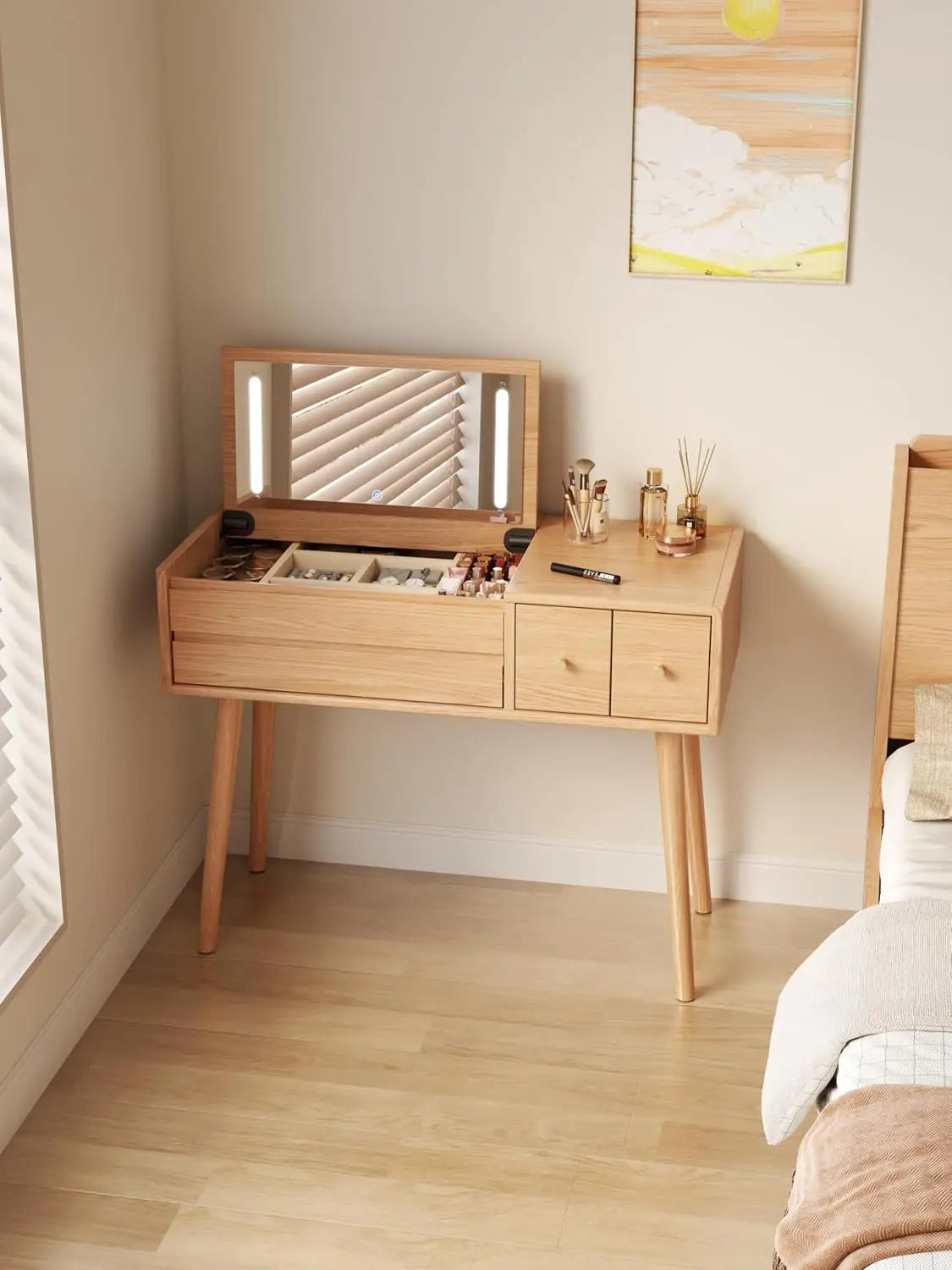 Wood Vanity/Desk with Mirror and Lights, Set 4 Drawers