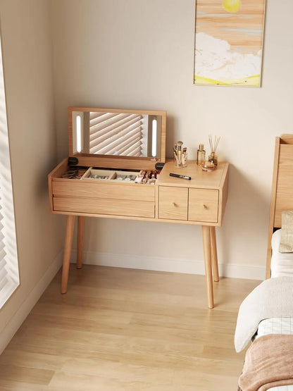 Wood Vanity/Desk with Mirror and Lights, Set 4 Drawers