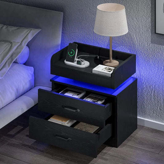 Black Nightstand with Charging Station, LED Lights