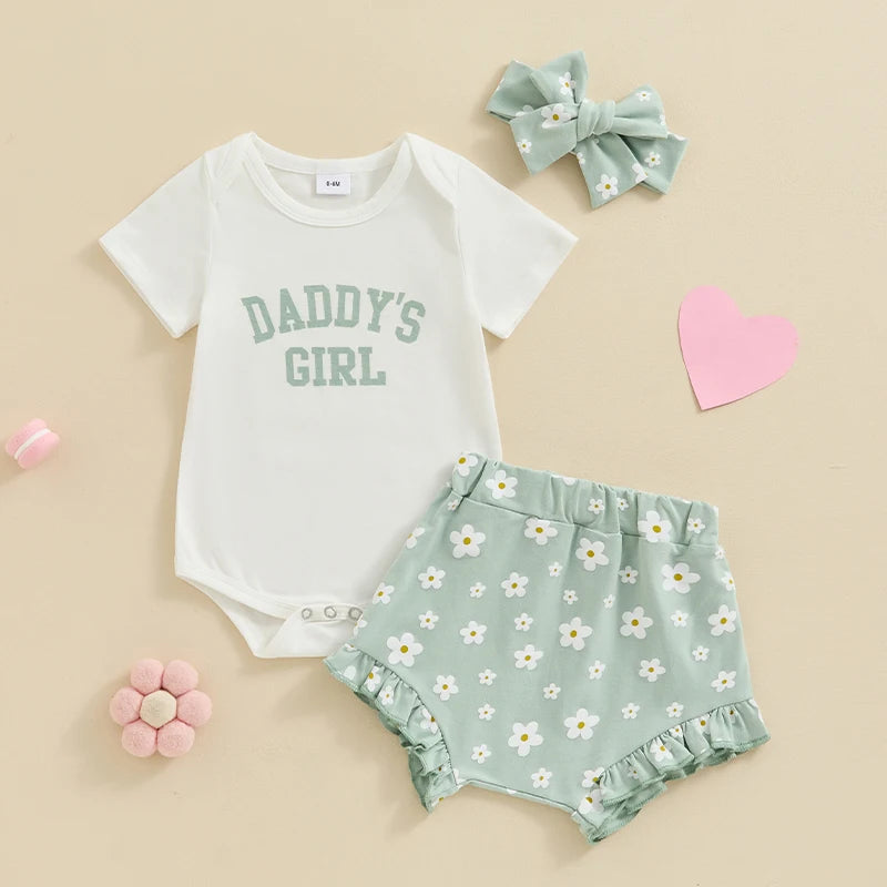 3Pcs  0-18 mo Baby Girl Outfit,  Daddy’s Girl, Short Sleeve Romper, Flower Ruffle Shorts, Headband
