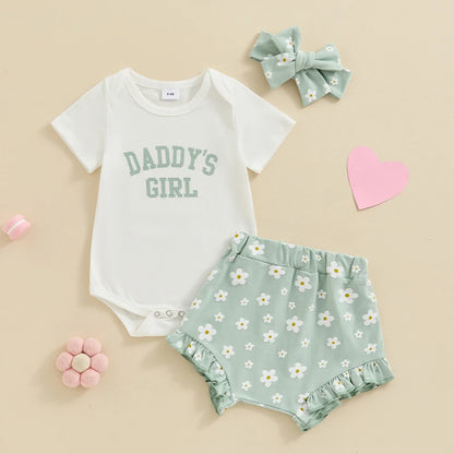 3Pcs  0-18 mo Baby Girl Outfit,  Daddy’s Girl, Short Sleeve Romper, Flower Ruffle Shorts, Headband