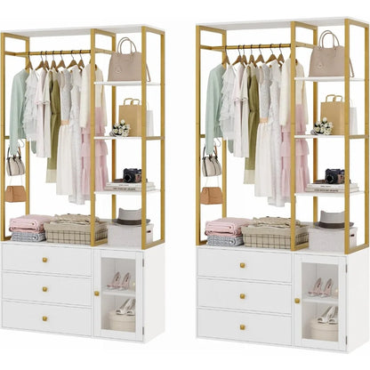 2 pcs Closet Organizer System, Wardrobe Closet with 3 Wooden Drawers, Clothes Rack with Hanging Rods and 4 Tiers Shelves