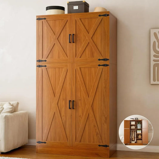71'' Farmhouse Wardrobe Closet with Hanging Rod, 4 Barn Door Storage Adjustable Shelves