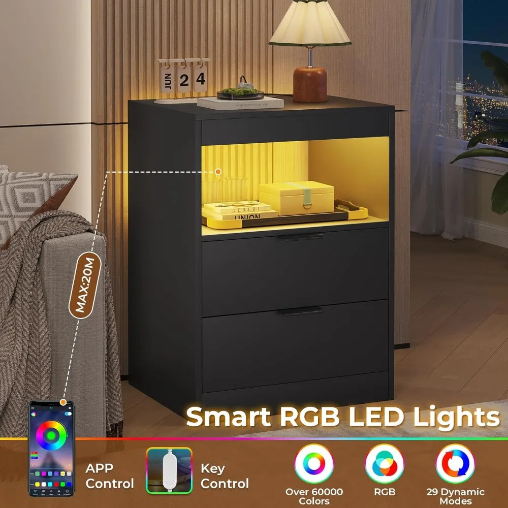 Set of 2 Night Stand with Wireless Charging Station and LED Lights with Pull-Out Shelves
