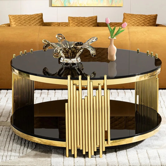 36" Modern Luxury Black Center, Gold Stainless Steel Irregular Leg Table