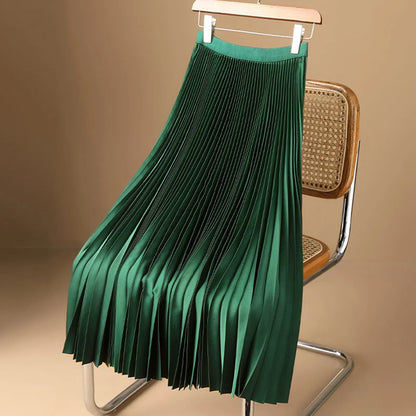 Elegant A Line Satin Long Skirt, Elastic High Waist, Pleated Skirt