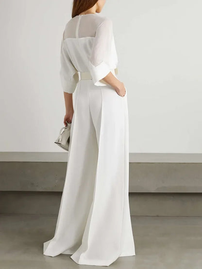 Elegant V-neck, Mesh Patchwork Raglan Sleeve, Belted Wide Leg Jumpsuit
