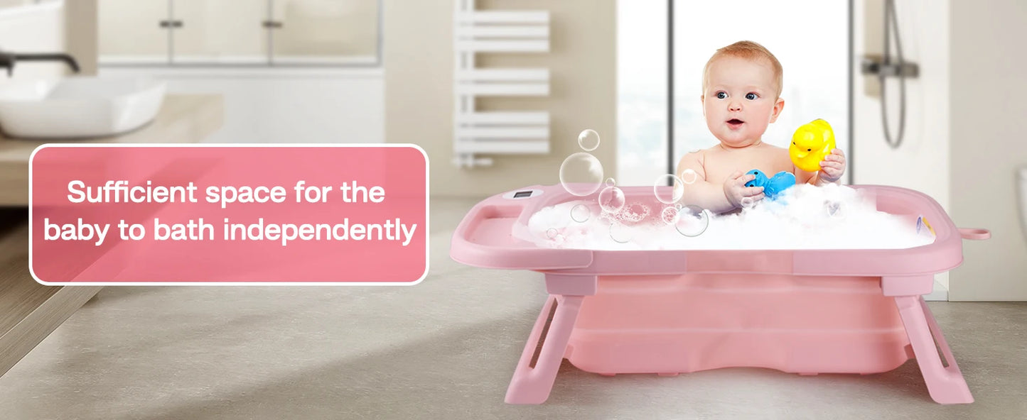 Baby Bath Tub with Soft Cushion & Thermometer, 0-36 Months,Portable Travel Baby Tub