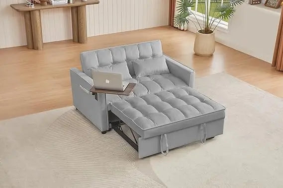 65'' 3-in-1 Queen Size Pullout Sofa, Modern Chenille Fabric, 360° Swivel Side Table