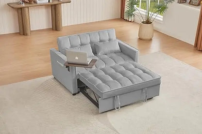 65'' 3-in-1 Queen Size Pullout Sofa, Modern Chenille Fabric, 360° Swivel Side Table