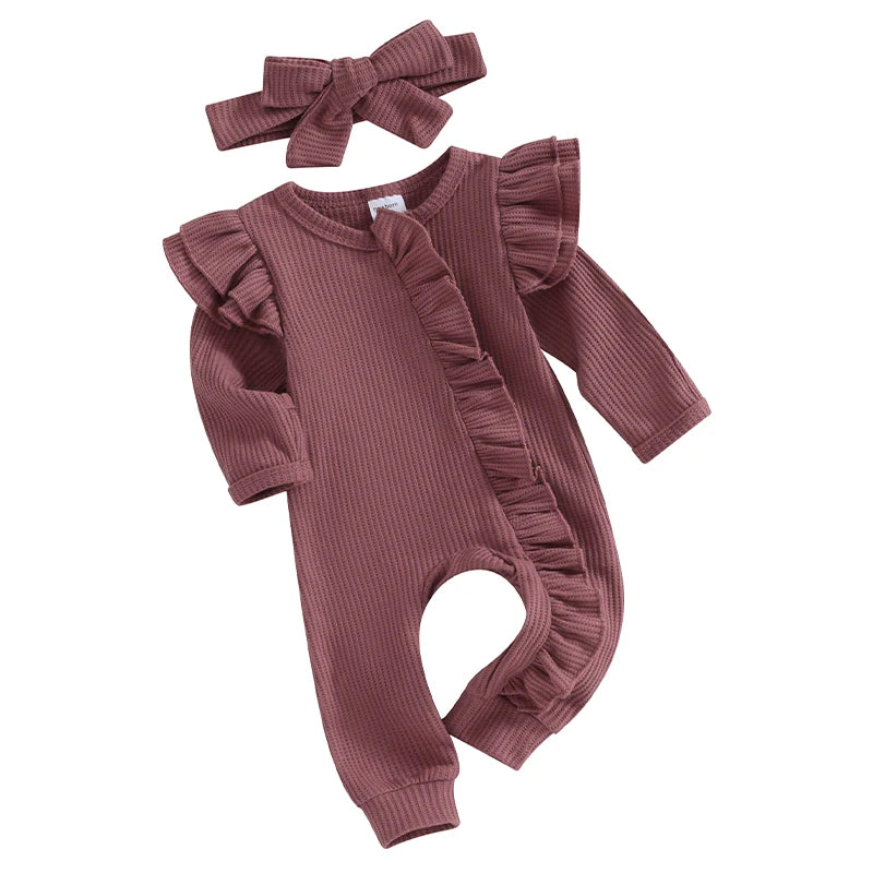 0-12M Baby Girl Ruffle Zipper Romper, Long Sleeve Jumpsuit