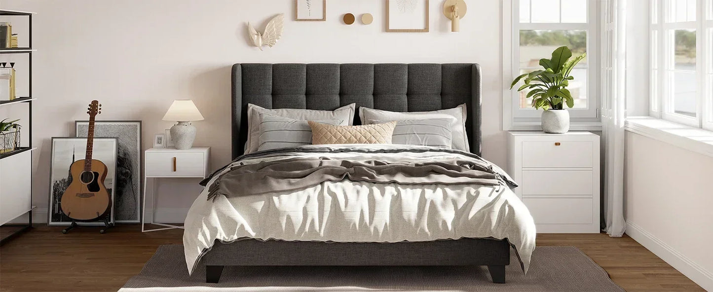 Fabric Upholstered Square Stitched Headboard and Wooden Slats