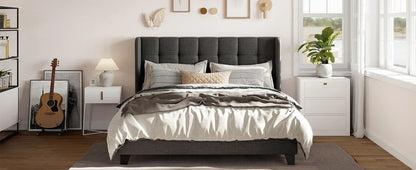 Fabric Upholstered Square Stitched Headboard and Wooden Slats