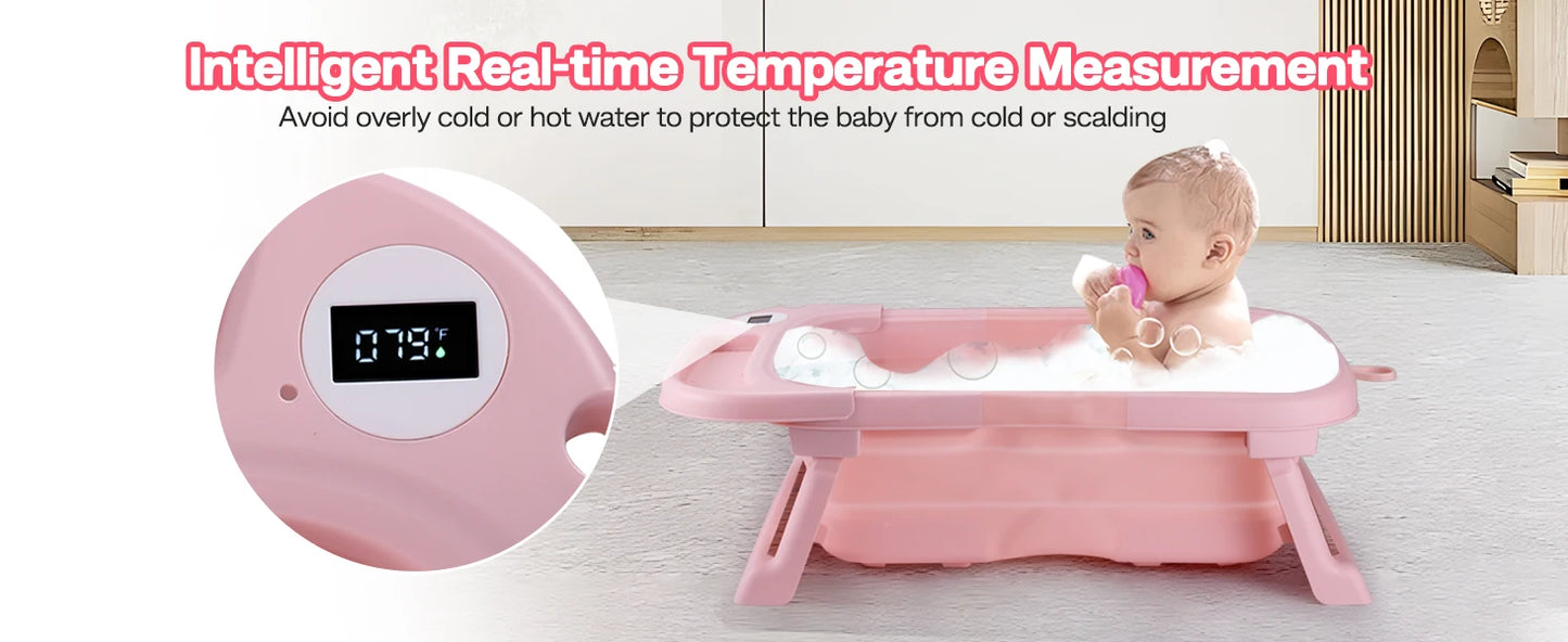 Baby Bath Tub with Soft Cushion & Thermometer, 0-36 Months,Portable Travel Baby Tub