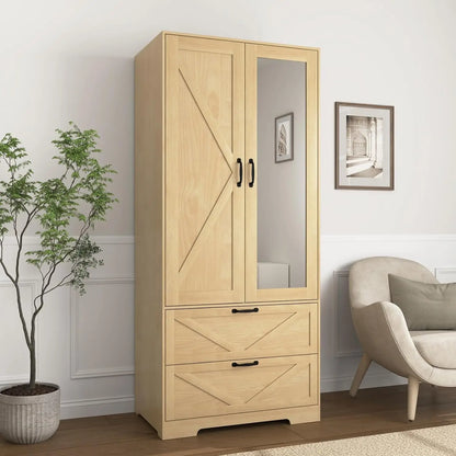 72''H Armoire Wardrobe Cabinet with Mirror and 2 Drawers,  Hanging Rod and Light