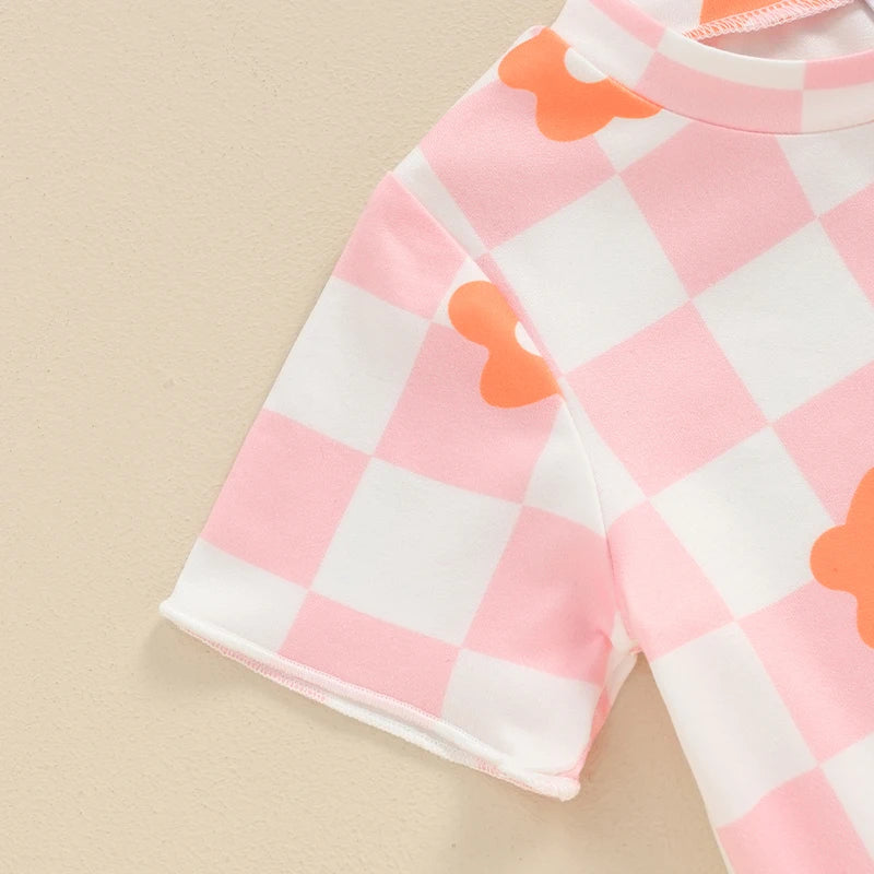 12 MO-4T Floral Checkerboard Print Short Sleeve O-neck T-shirts+Elastic Waist Shorts Tracksuit