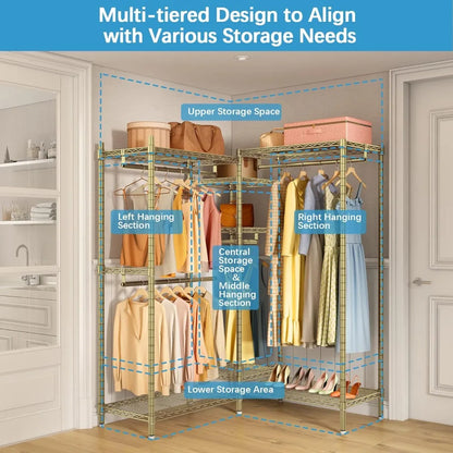 L Shaped Clothes Rack Heavy Duty Clothing Rack for Corner, 5-Tier Wire Garment Racks