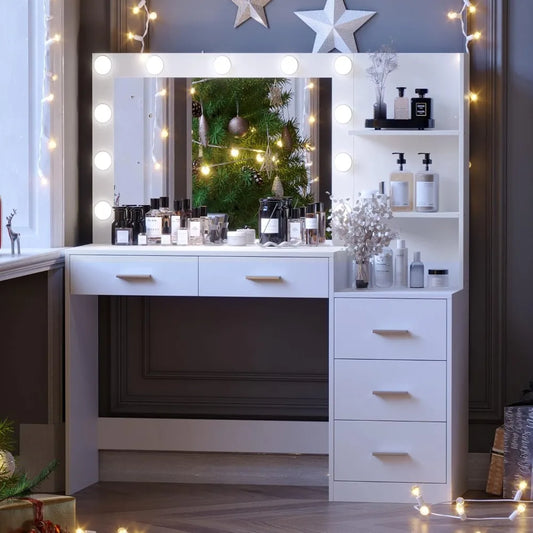 46.7" Large Vanity Desk with Lighted Mirror, Shelf & 5 Drawers