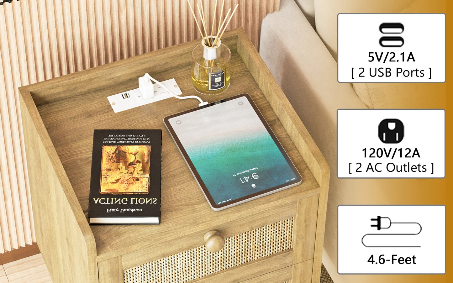Rattan Nightstand with Charging Station, with 2 Drawers, Natural