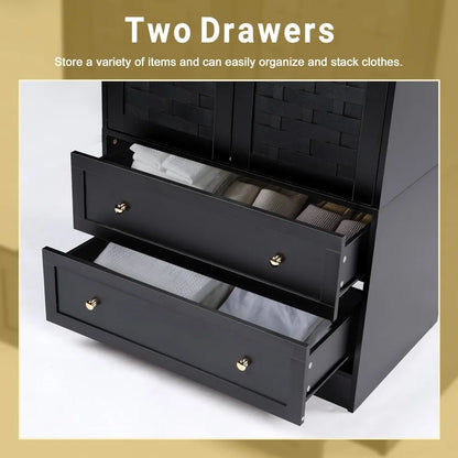 Armoire Wardrobe Closet with 2 Woven Doors, Wardrobe Cabinet with 2 Storage Drawers