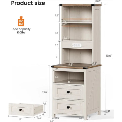 Tall Nightstand with Charging Station and 2 Drawers, LED with Bookshelf