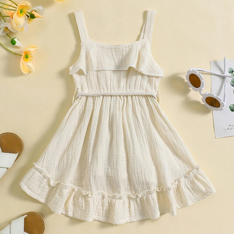 6 MO-4Y Girl Summer Dress, Casual Sleeveless, Square Neck, Belted Dress