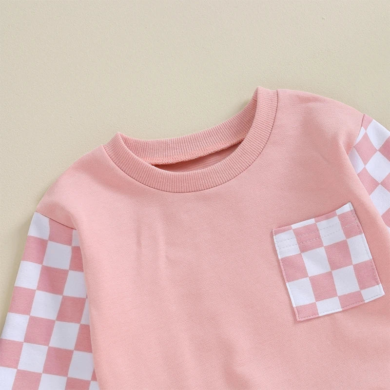 0 MO-3Y Girl Clothes Outfits, Long Sleeve, Checkboard Sweatshirt and Pants Set