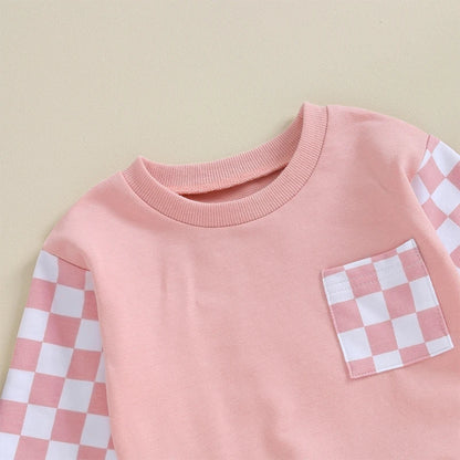 0 MO-3Y Girl Clothes Outfits, Long Sleeve, Checkboard Sweatshirt and Pants Set